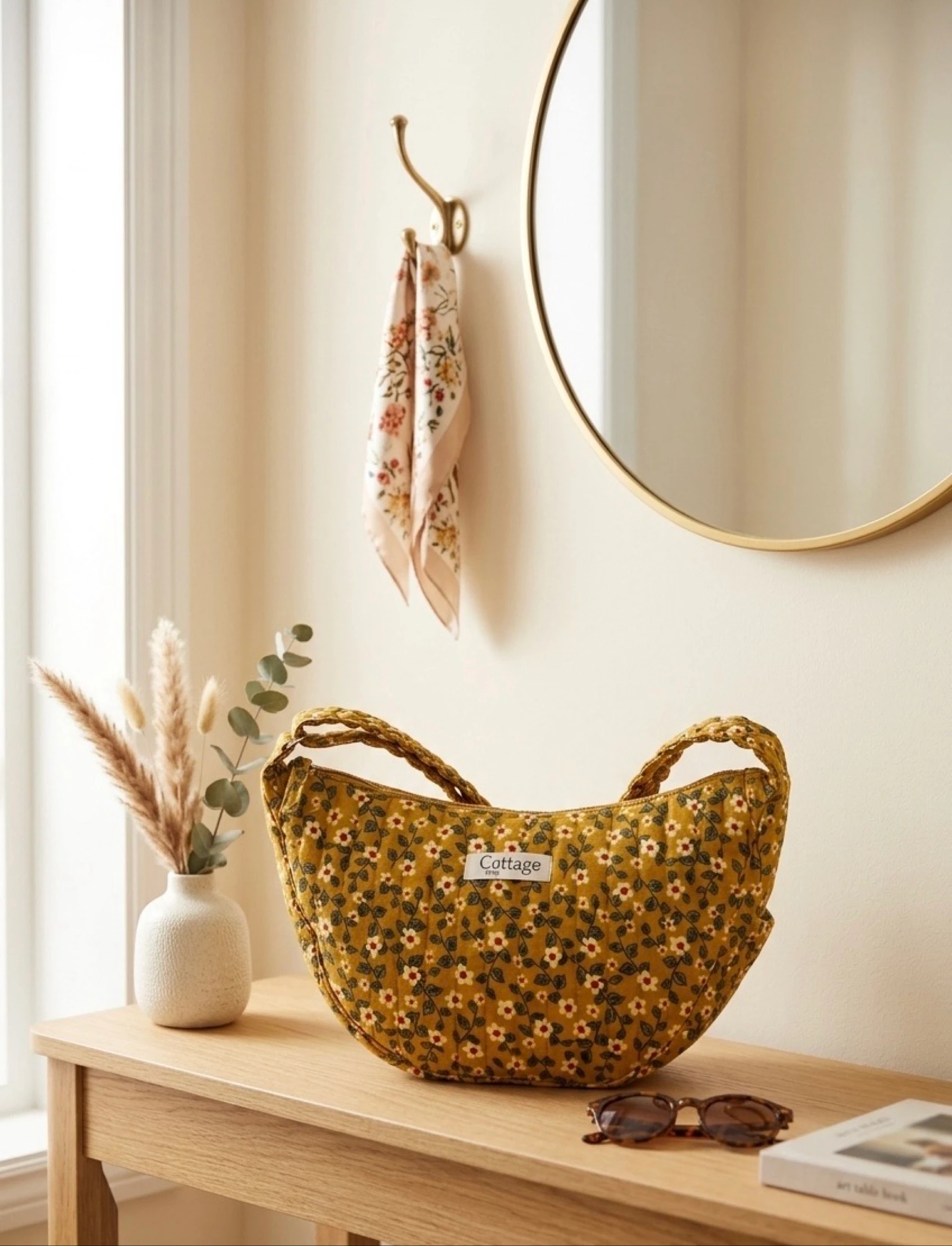 Sac Lune 100% Coton Matelassé Collection Cottage & Bag / Modèle Petites Fleurs Moutarde